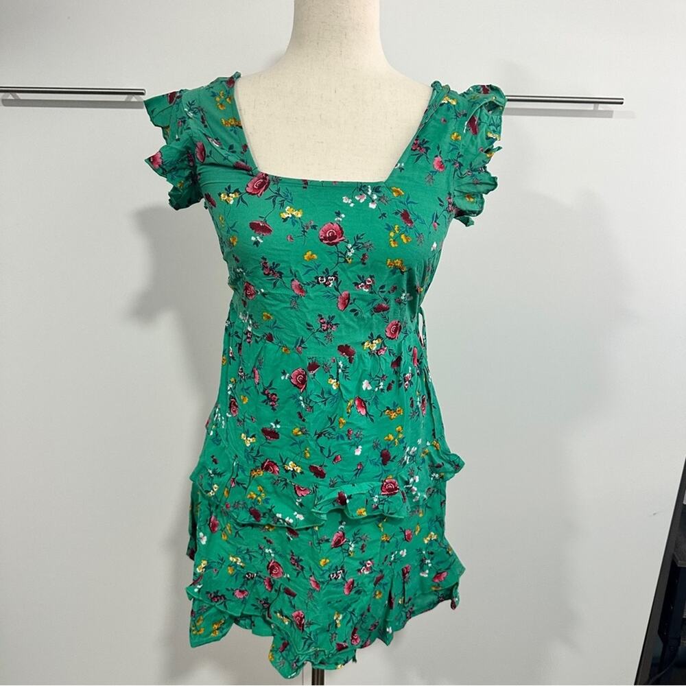 Lottie & Holly S Green Floral Tiered Mini Dress Tropical Resort Coquette - Picture 2 of 14